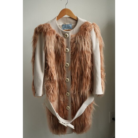 Prada Shaggy Wool Faux Fur Button Front Belted Coat Jacket Peach Size 42S - Picture 1 of 7